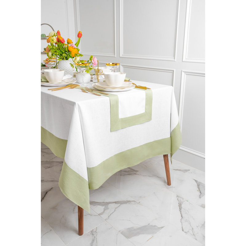 Contempo - 100% Pure Linen Tablecloth, Sage Green/White, 132" x 60"