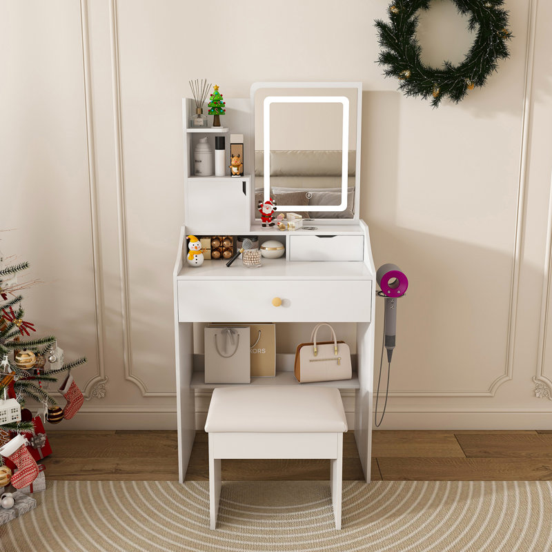 3-Color LED Vanity Mirror with Stool, White
