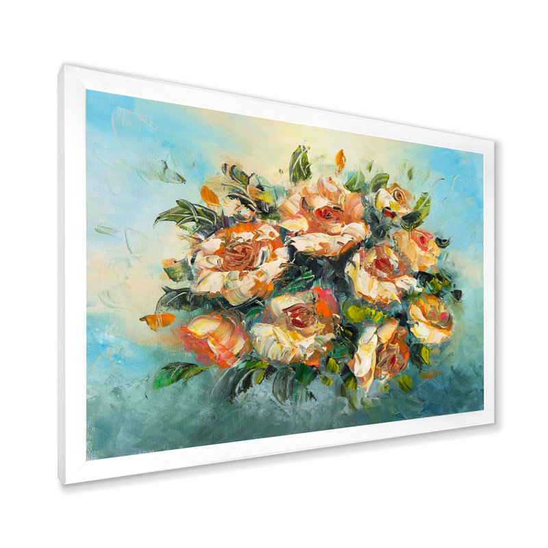 Bouquet de fleurs rétro rose foncé - peinture sur toile, H 16 po x l 32 po x p 1 po, Cadre photo blanc