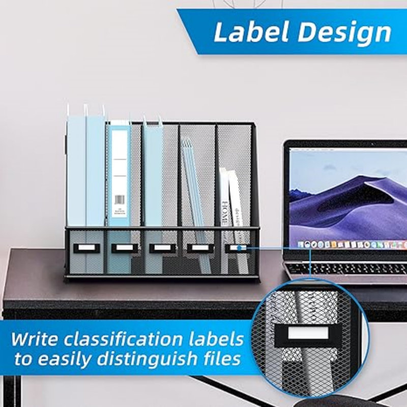 Metal Desk File Organizers With 5 Vertical Compartments For Office, Home, Black