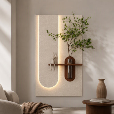 Adjustable 3-Color LED Sandstone Wall Decor With Simulated Green Plants - 3D Art Sculpture, Glass Vase & Rabbit Statue, Remote Control Light Strips For Living Room, Bedroom, Hallway