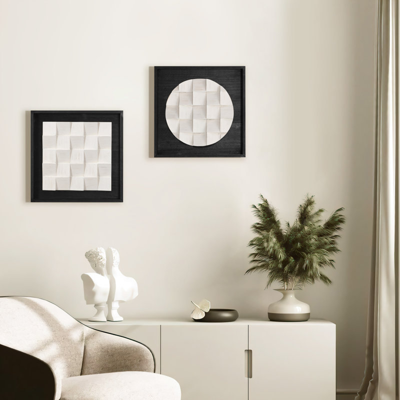 Ensemble de 2 décorations murales géométriques faites à la main en bois blanc avec cadres noirs (ensemble de 2)
