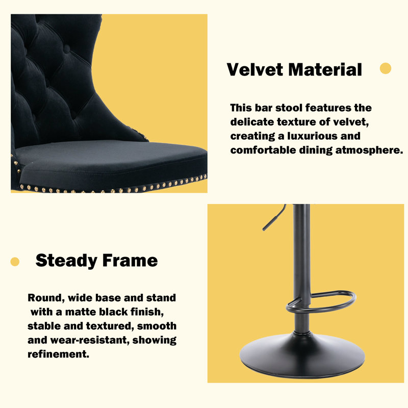 Modern Velvet Swivel Adjusatble Height Bar Stools Set of 2, Black
