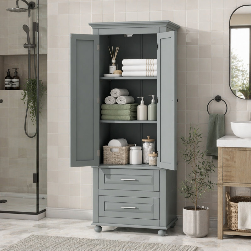 Armoire de rangement haute avec deux tiroirs, Gris