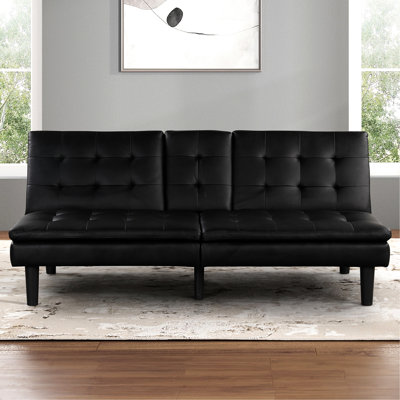 Contemporary Futon Bed In Black, Biscuit Tufting On Seat And Back, Chargers, Drop - Down Table With Cup Holders, 71.5"w X 32"h, 2 35.5"d