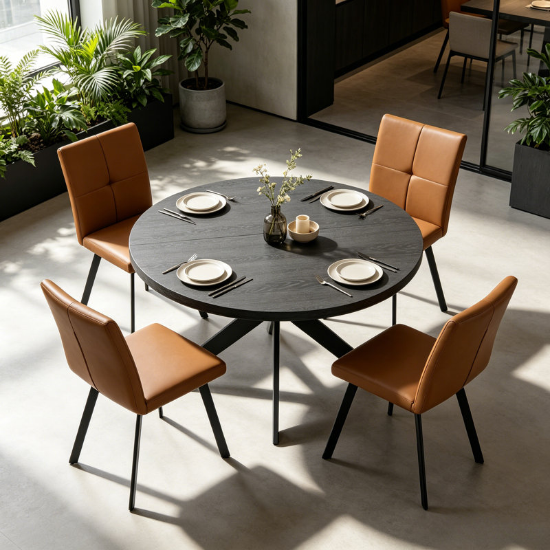 45.3"  Round Dining Table Set For 4, Extendable Wood Table With Faux Leather Chairs, Modern Kitchen Dining Room Set, Brown