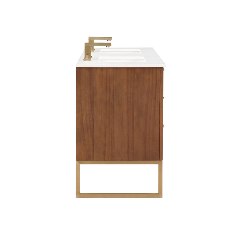 Markham 60 in. Double Vanity, White Quartz, Walnut, Satin Brass