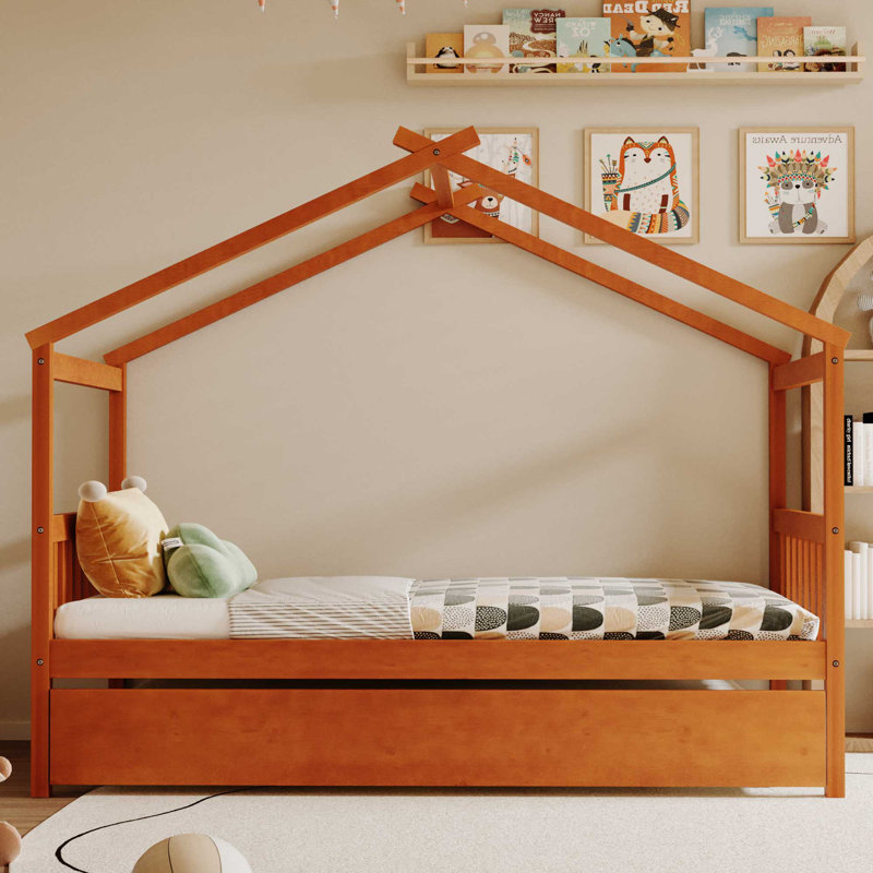 Walnut Solid Wood Twin House Platform Bed with Space-Saving Twin Trundle