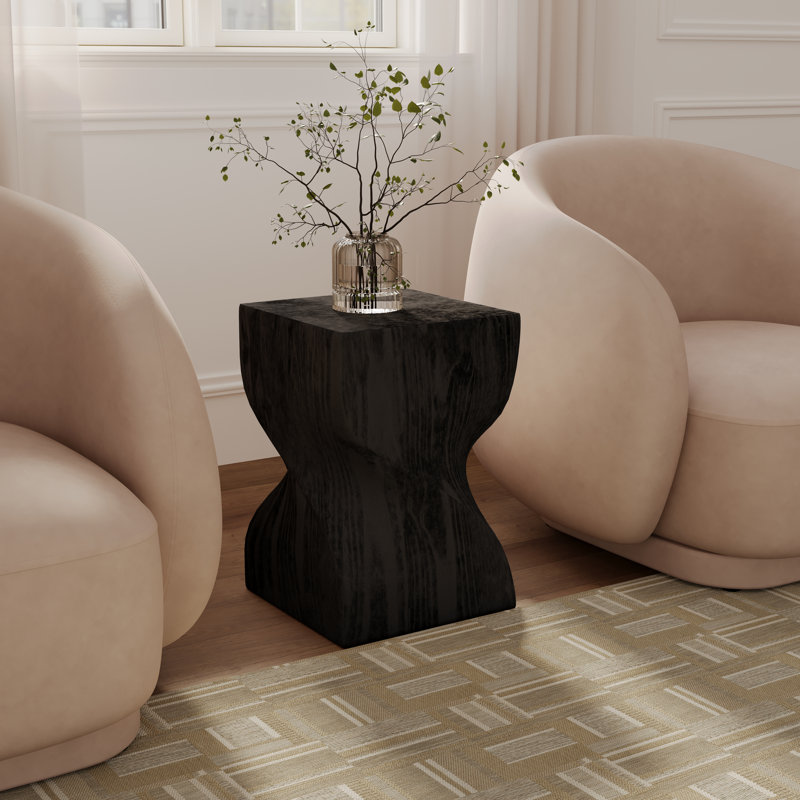 Table d'appoint carrée en fibre de pierre de 14 po de large avec motif sculpté torsadé Doraly, Noir, noir, noir, noir