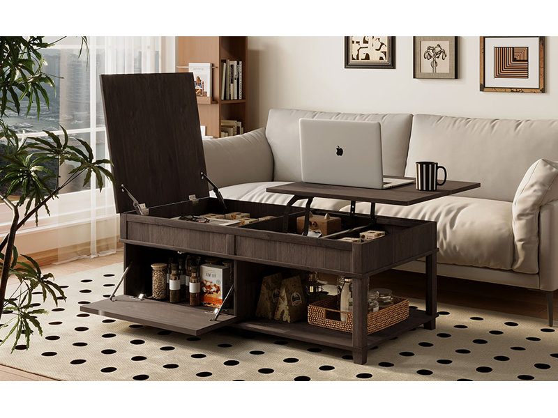 Table basse relevable avec compartiment caché et tablette de rangement ouverte, table de salon multifonctionnelle