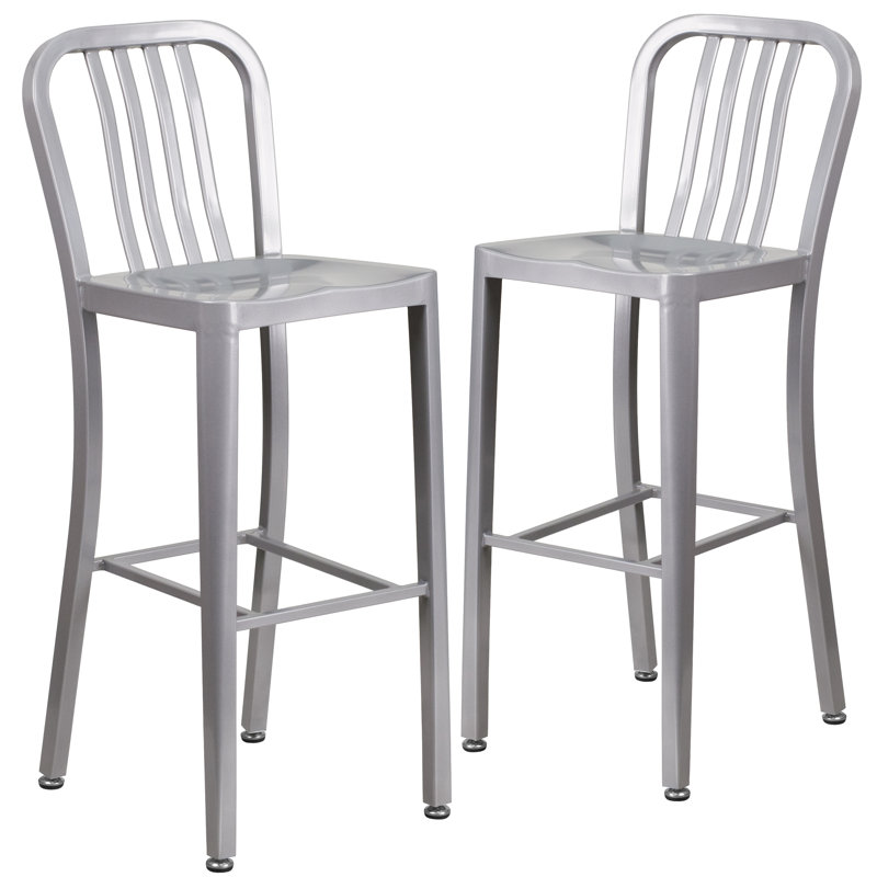 Tabouret de bar d'intérieur et d'extérieur de qualité commerciale avec dossier à lattes verticales, Argent