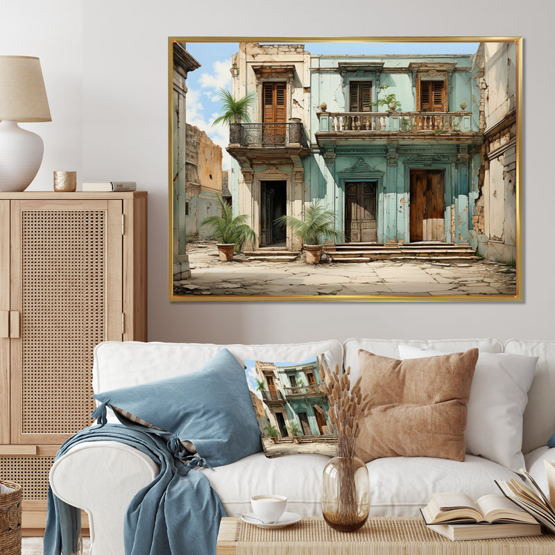 Cuban Architecture Blue House I, reproduction d'art sur toile, H 16 po x l 32 po x P 1 po, Cadre flottant doré