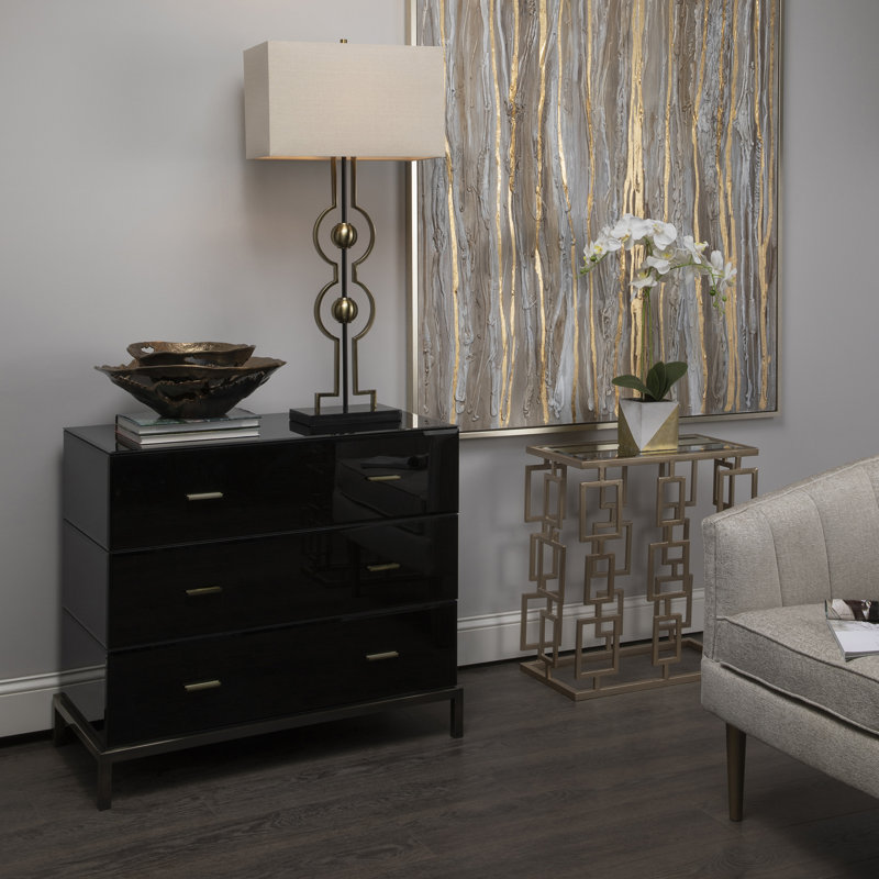 Mercury Black Glass 3-Drawer Chest with Antique Brass Pulls