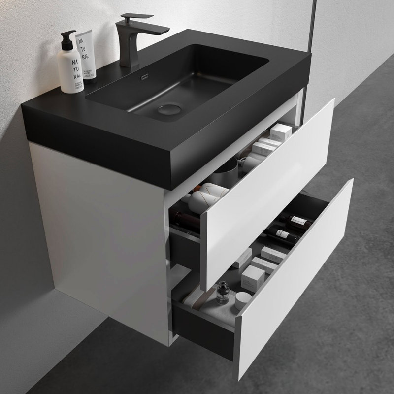 Gadre 30,00 po X P 18,10 po P 25,20 po Meuble-lavabo mural H en bois de rose avec plateau, Noir, noir, noir, noir, Blanc