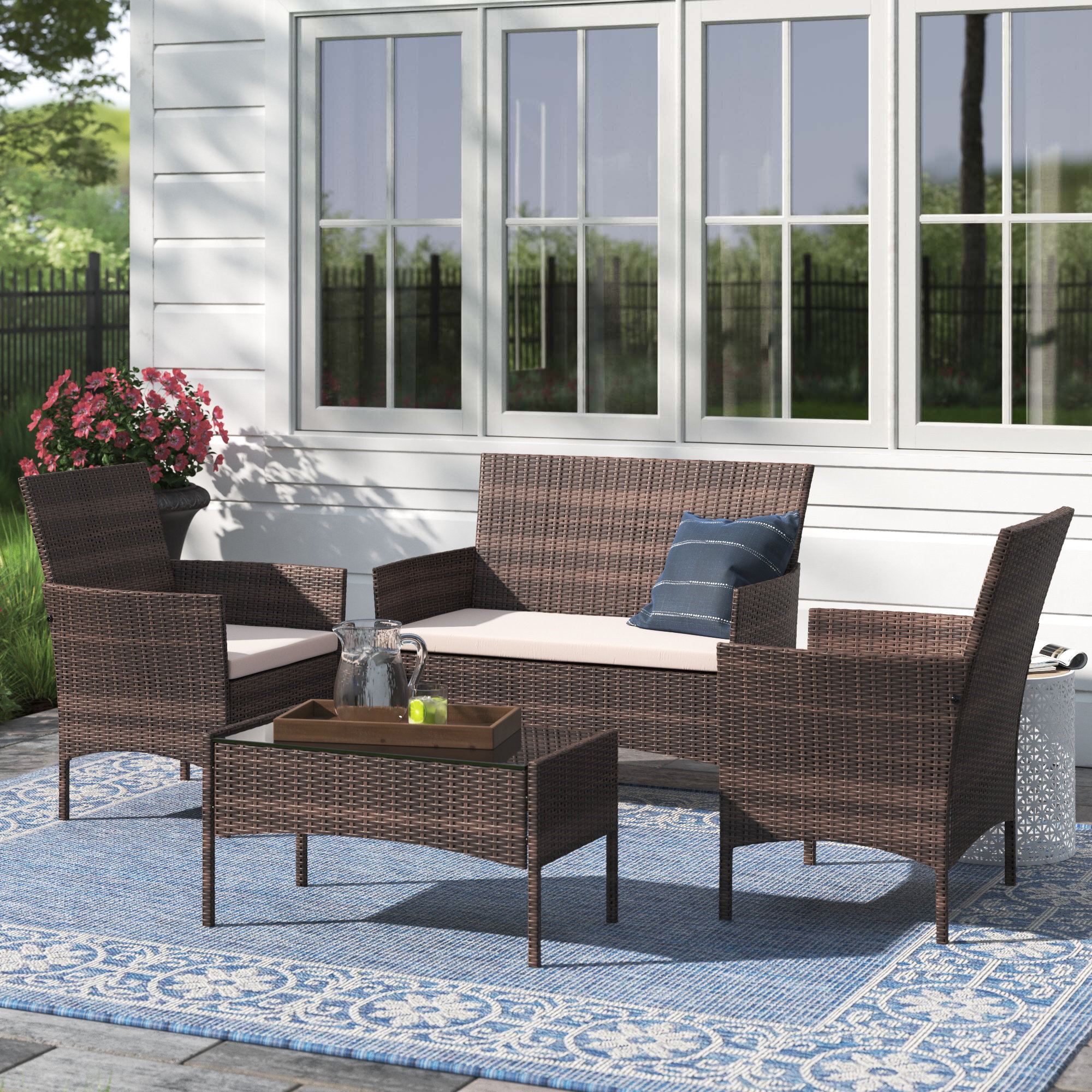 4pcs Outdoor Wicker Patio Furniture Sets with Glass Coffee Table, Rattan Chair Wicker Furniture for Garden Backyard Poolside Balcony Porch Patio