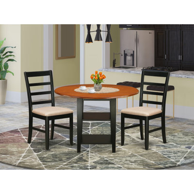 L'ensemble de 3 pièces de table de salle à manger contient une table de cuisine ronde avec Dropleaf et tablettes et 2 chaises rembourrées en tissu de lin, noir et cerise