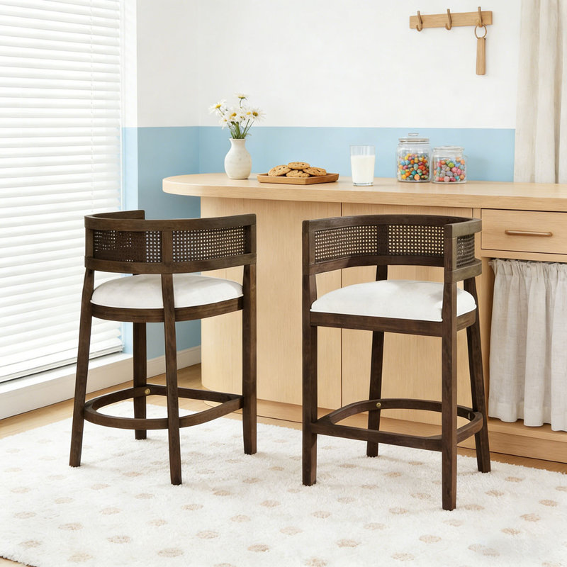 Tabourets de comptoir rembourrés en bois et rotin, Beige, noyer