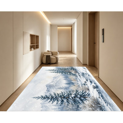 Tapis paysage hivernal enneigé, aquarelle de pins, motif naturel artistique, tapis antidérapant, décoration intérieure confortable pour salon, chambre, entrée, cuisine, appartement