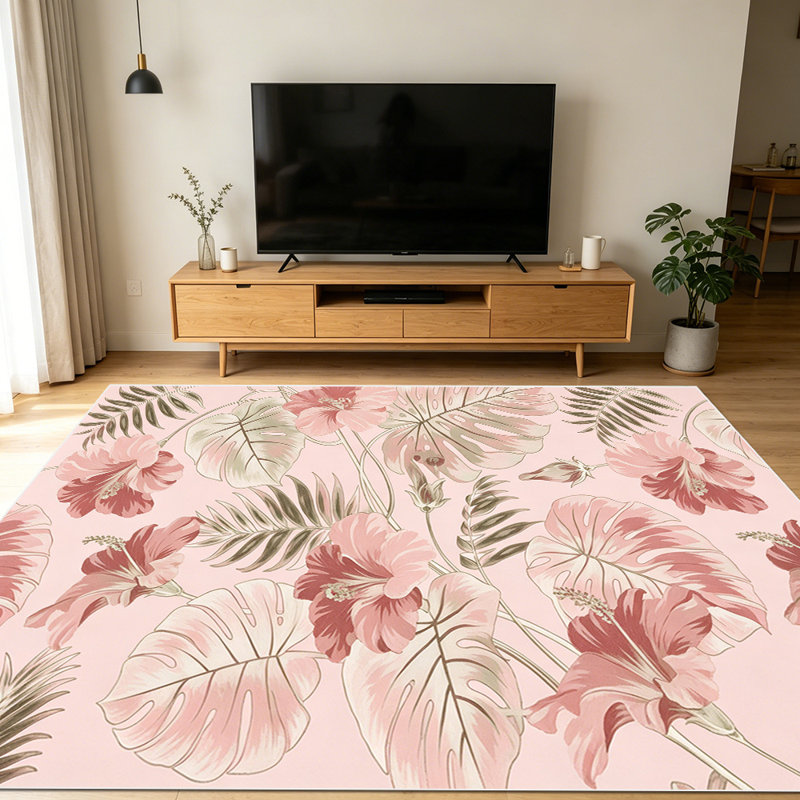 1PC Blush Pink Boho Minimalist Tropical Monstera Palm Leaf area rugs for Living Room, Soft and Comfortable, Suitable for all seasons, easy-to-maintain, machine washable Indoor floor mat, Under Table Farmhouse suitable for dining area, bedroom.