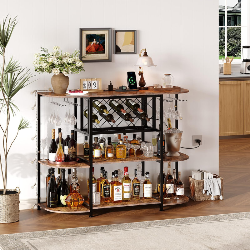 Wine Bar Cabinet with Power Outlet & LED Lights, 4-Tier Storage Bar Table with Glass Holder for Home, Brown