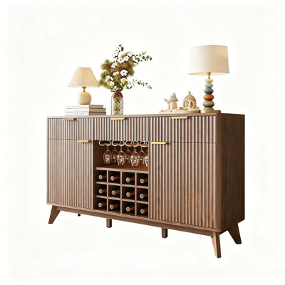Armoire à vin cannelée de 60 po de largeur avec 2 armoires latérales, 3 tiroirs, 4 porte-verres et 12 supports à vin, buffet moderne avec rangement, buffet à 2 portes et 3 tiroirs pour la cuisine, la salle à manger.