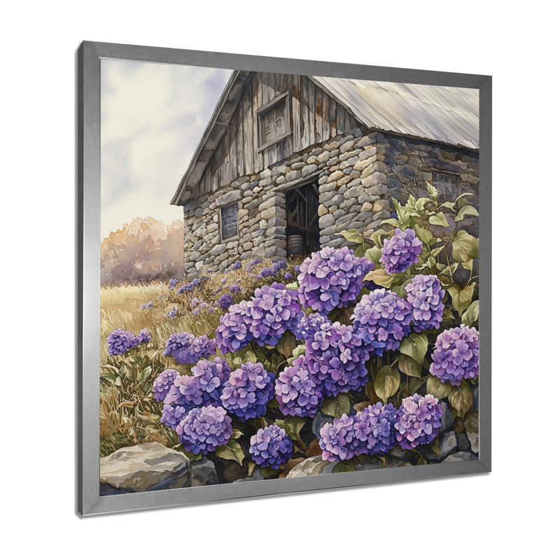 Downend Hydrangeas By The Stone Barn - Hydrangea, art mural, Reproduction encadrée d'une seule photo, Argent argent