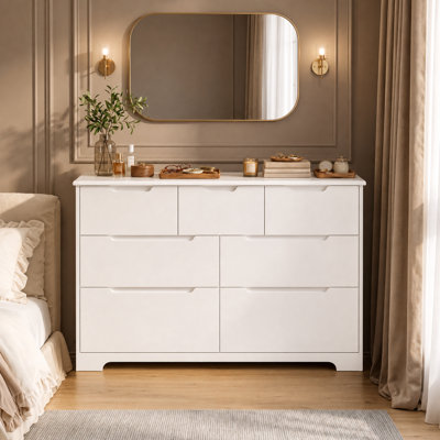 Commode double à 7 tiroirs de 47,2 pouces de largeur pour chambre à coucher, meuble de rangement blanc.