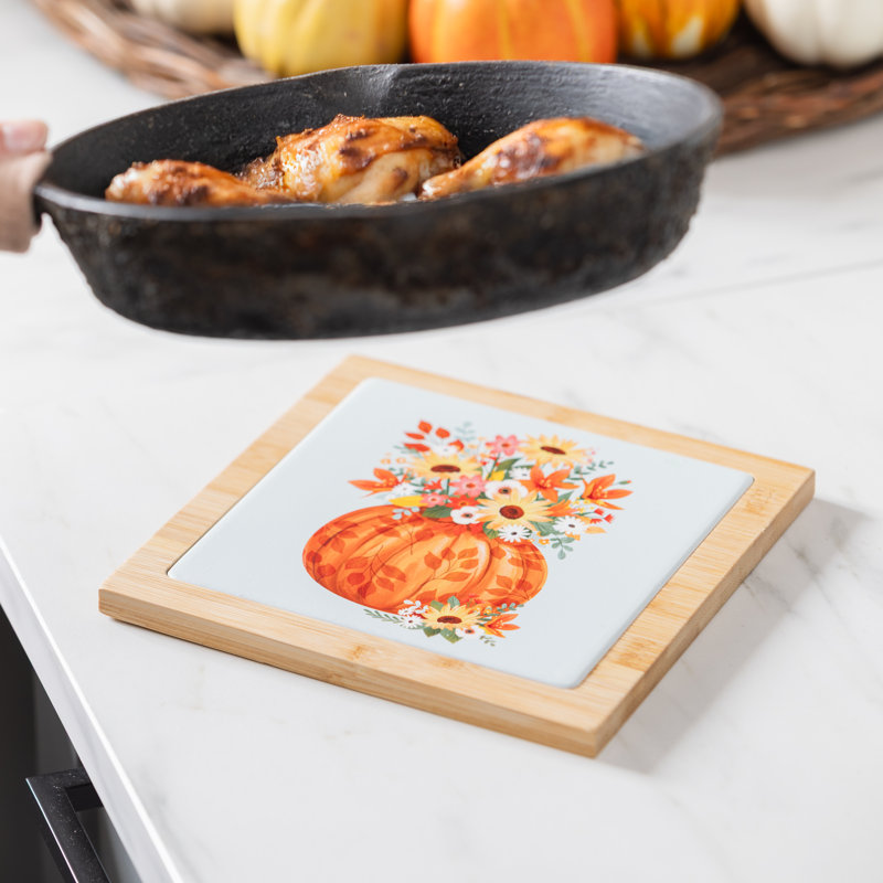 Sous-plat carré en céramique et en bois, motif citrouille, 19,8 cm (7,8 po)