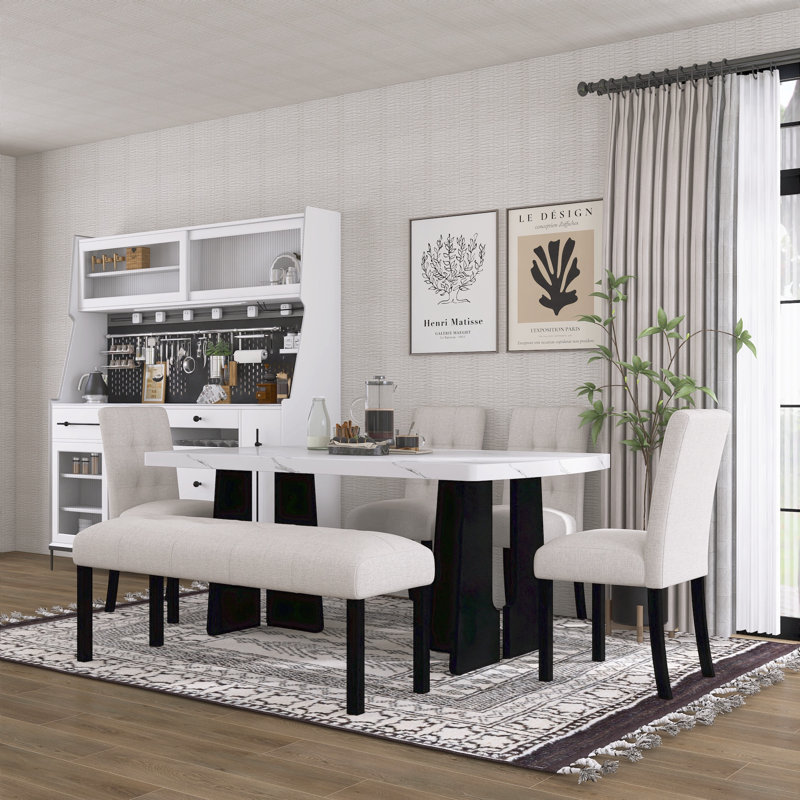 Ensemble de salle à manger 6 pièces 4 pièces + 1 banc, Blanc, Beige