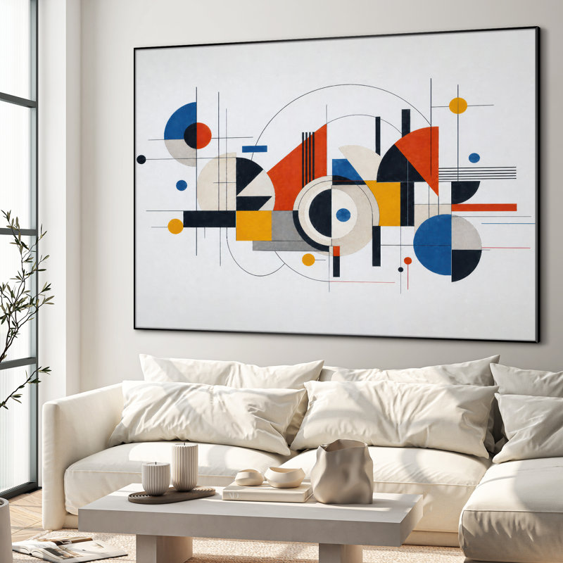 Très grand art mural imprimé sur tissu - formes de Bauhaus géométriques bleues - "Assemblage requis (cadre non fini)"