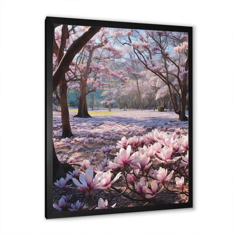 Magnolias roses, photo I sur toile, Cadre simple noir, H 32 po x l 16 po x P 1 po