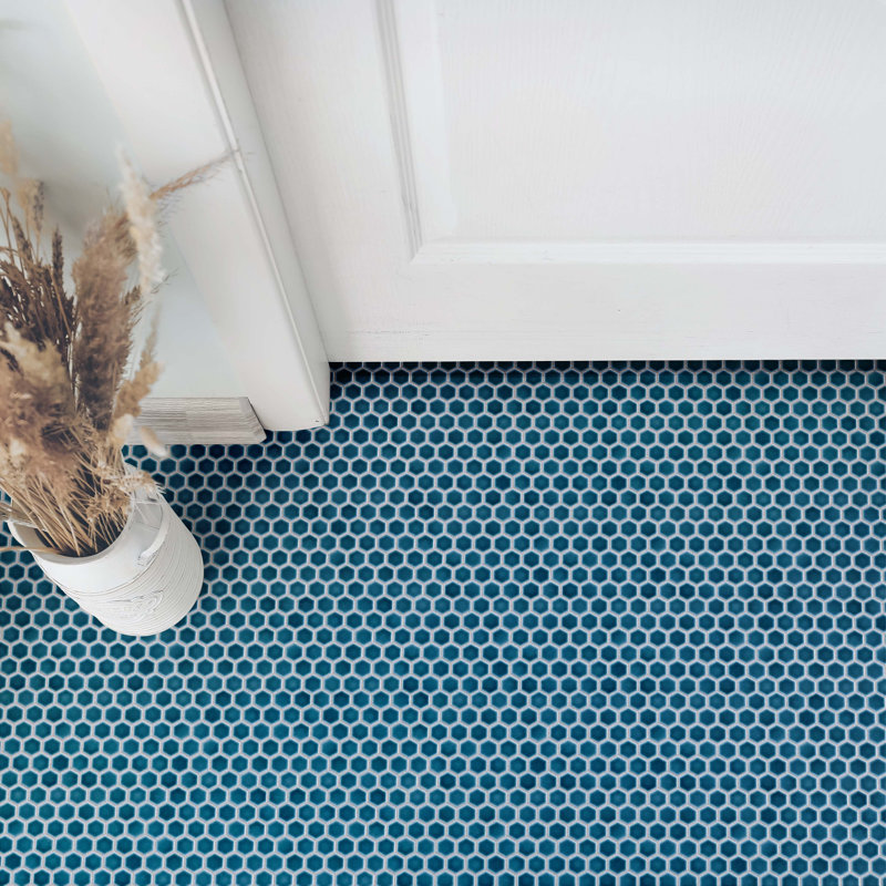 Tribeca 1" Hex Glossy 10-1/4 " x 11-7/8 " Porcelain Mosaic Floor and Wall Tile, Glacier Blue