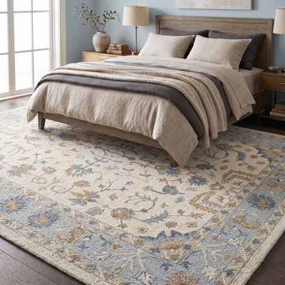 Ambrose Traditional Floral Ivory/Blue Hand-Tufted 100% Wool Indoor Area Rug