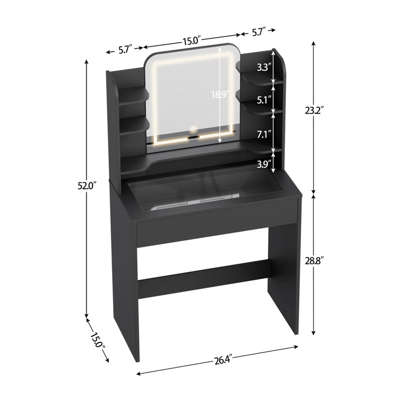 Coiffeuse de maquillage avec miroir lumineux à DEL et plateau en verre pour éclairage RVB, Noir