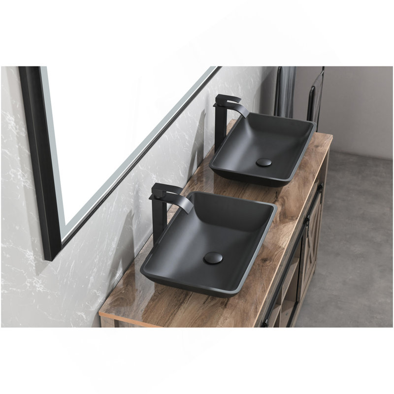 Matte Shell  Glass Rectangular Vessel Bathroom Sink In Black With  Faucet And Pop-Up Drain In Matte Black