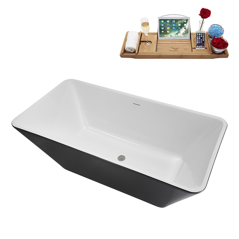 63" Streamline Soaking Freestanding Tub and Tray With Internal Drain, Brushed Gun Metal