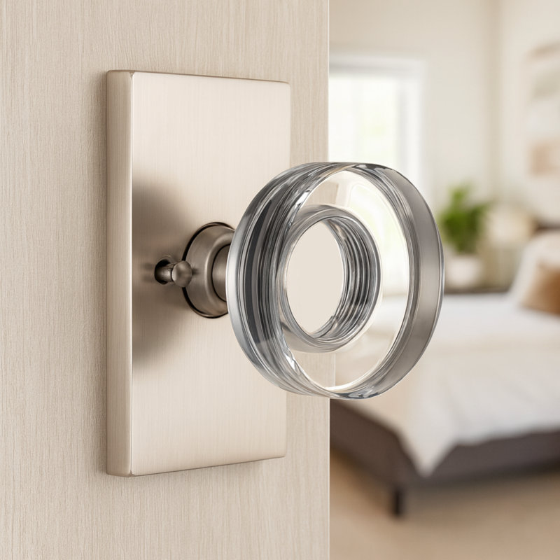 Bouton de porte contemporain en cristal / nickel, Nickel satiné, Intimité (lit et salle de bain)