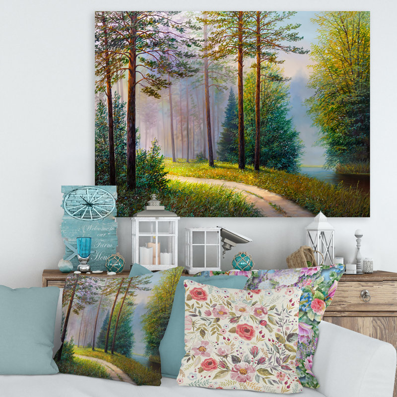 «Subtle Evening Light Through The Trees II», reproduction d'art murale Lake House, H 16 po x l 32 po x p 1 po, Toile tendue