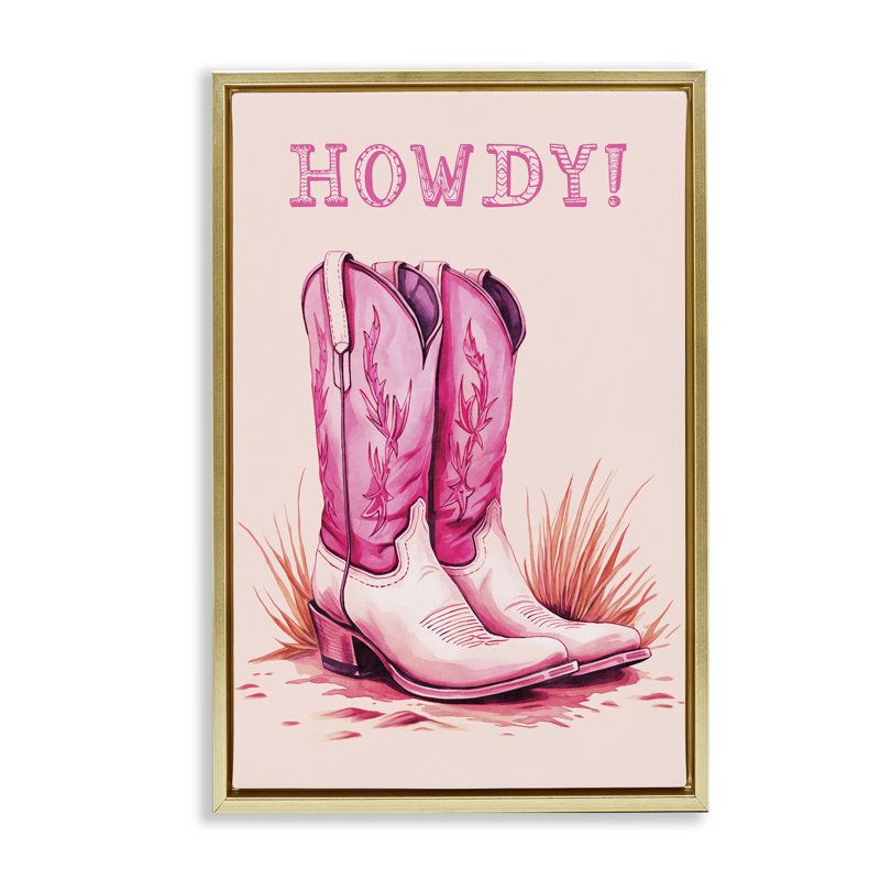 Toile flottante encadrée rose avec bottes de cow-boy par Andrea Haase, Cadre flottant métallique doré, H 31 po x l 21 po