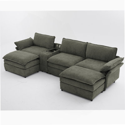 U Shaped Modular Sectional Sofa With Storage, Wireless Charging, Bluetooth Speakers, And Movable Footstools For Modern Living