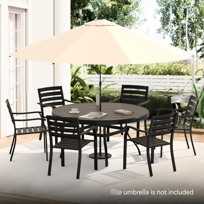 7 pièces pour l'extérieur avec 6 chaises empilables en métal et une table ronde de 54,14 po, convient pour la pelouse de la cour arrière, un trou de parasol réglable pour la protection contre la pluie et la pluie