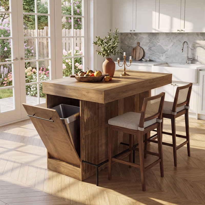 Îlot de cuisine 47 po avec compartiment à poubelle, repose-pieds et tablette de rangement