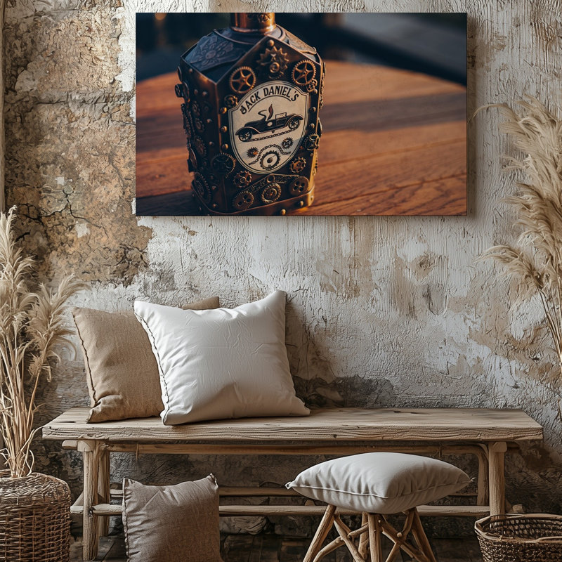 Toile La bouteille de whisky, exemple époustouflant d'artisanat Steampunk, présente un art mural à engrenages complexes et des éléments mécaniques.