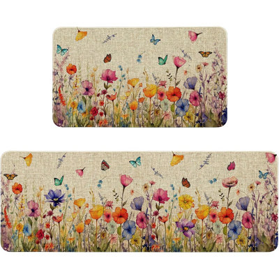 Spring Floral Kitchen Rug Set Of 2 - Multi-Color - Non-Slip Washable Floor Mats For Indoor Kitchen Or Home Decor