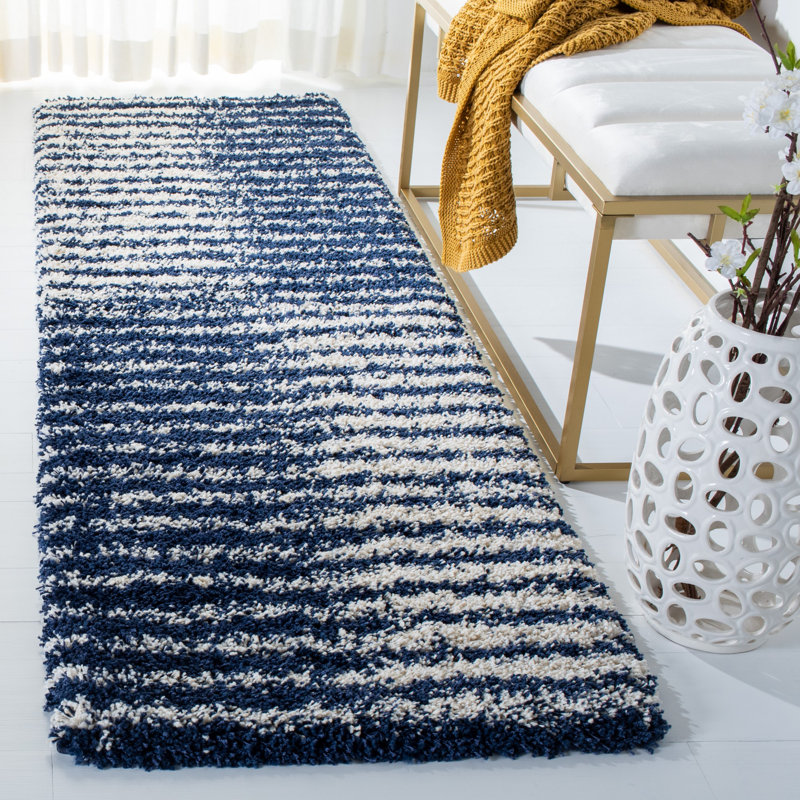 Tapis rayé bleu marine / ivoire Gasaway, Tapis de couloir 2 pi 3 po x 8 pi