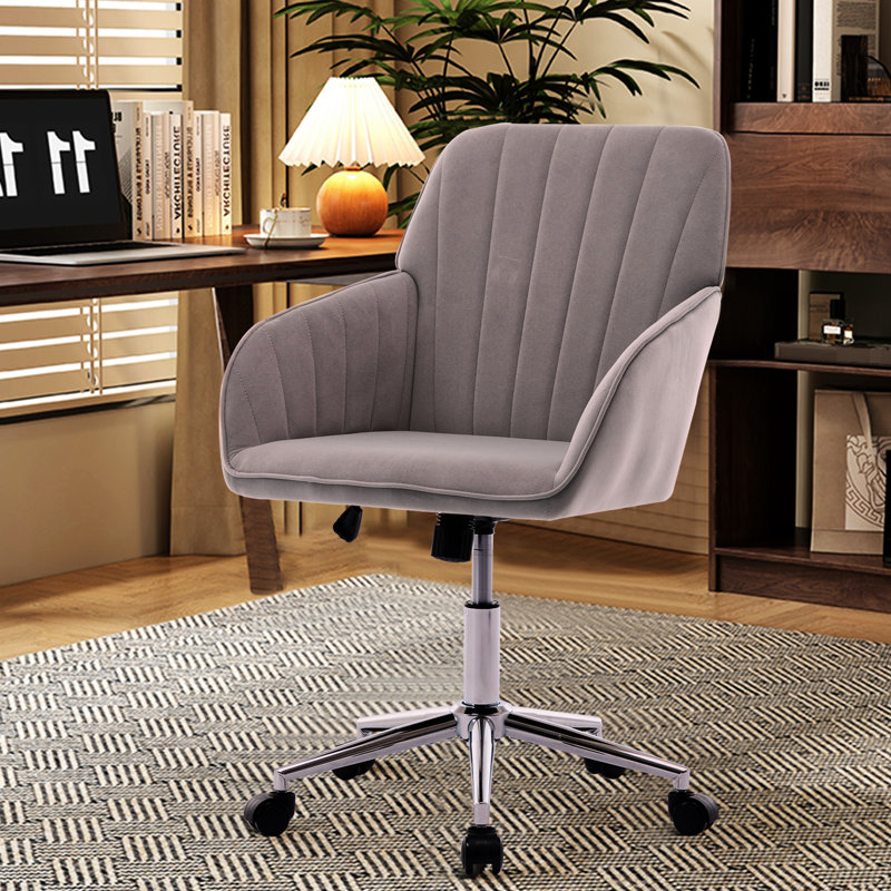 Fauteuil pivotant ergonomique pour le bureau personnel, coussin en velours gris et base en métal, Gris