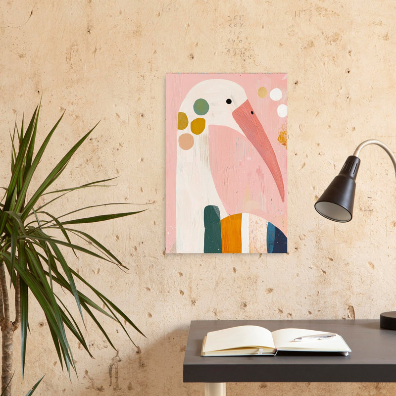 Pink Whimsical Bird Abstract Colorful Elegant Bird Wall Art Print by Mathieu - Wrapped Canvas Print, 60.96cm H x 40.64cm W