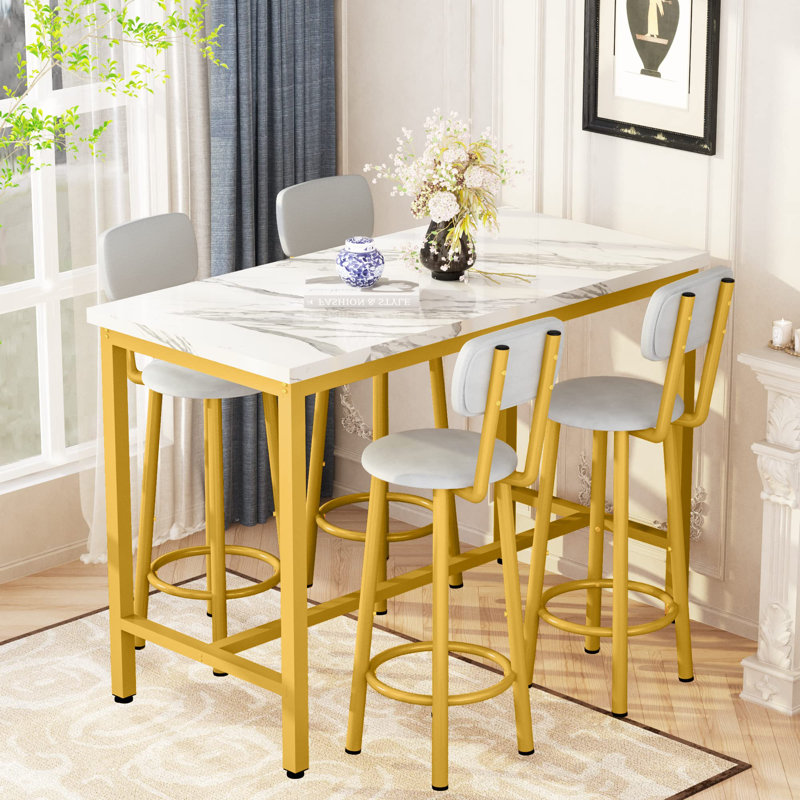 Industrial Bar Table Set with 4 PU Stools - Counter Height, Space-Saving 5-Piece Dining Set (43” L), White/Gold