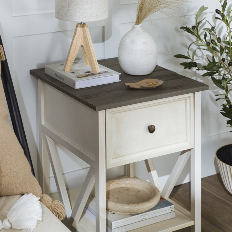 Table de bout en bois massif avec rangement, Gris, Blanc délavé