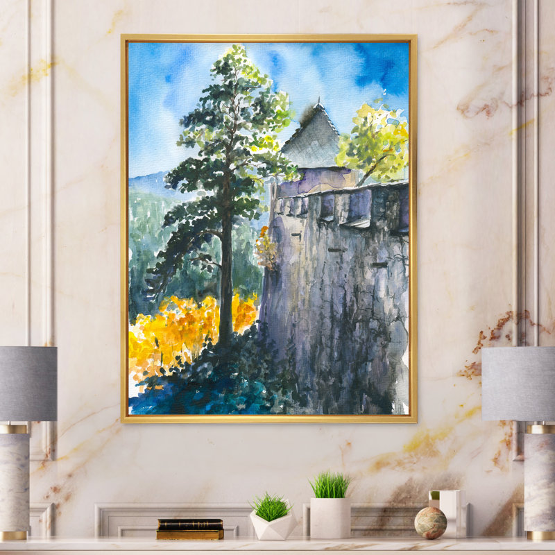 Château sur une montagne verte I - Peinture sur toile, H 20 po x l 12 po, Cadre flottant doré